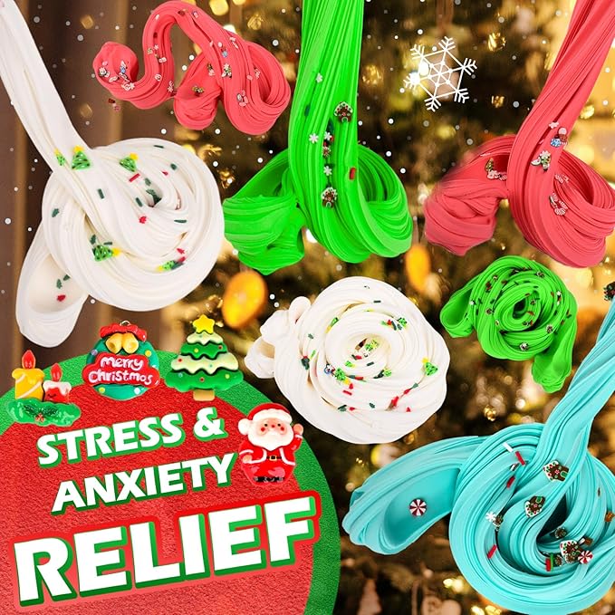 Christmas Butter Slime Kit 4 Pack, Santa Claus, Xmas Tree, Wreath, Candlestick Charms Mix Ins for Girl Boy, Holiday Slime for Christmas Stocking Stuffers, Premade Xmas Slime Kids Party Favors