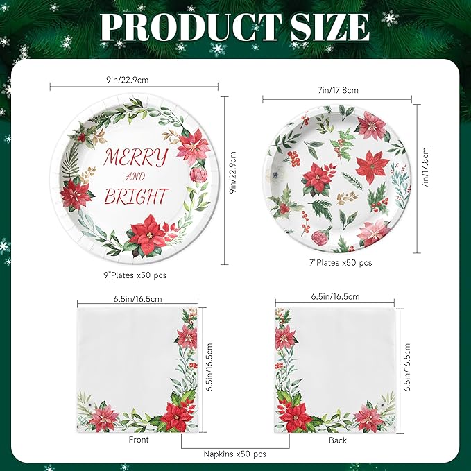 150Pcs Christmas Paper Plates and Napkins Disposable Heavy Duty Dinnerware Set Serve 50, Poinsettia Design Serving Platters, Merry & Bright Floral Tableware for Holiday Home Christmas Party Supplies