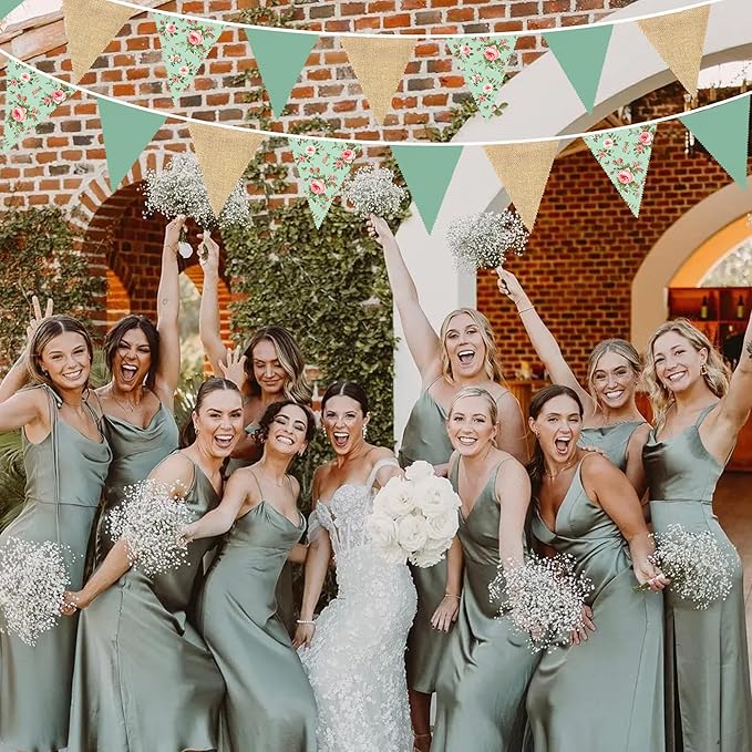 32Ft Flora Party Decorations Sage Green Wildflower Burlap Flora Fabric Banner Triangle Flag Pennant Garland Streamer for Tea Party Vintage Birthday Wedding Baby Shower Mother's Day Engagement Decor