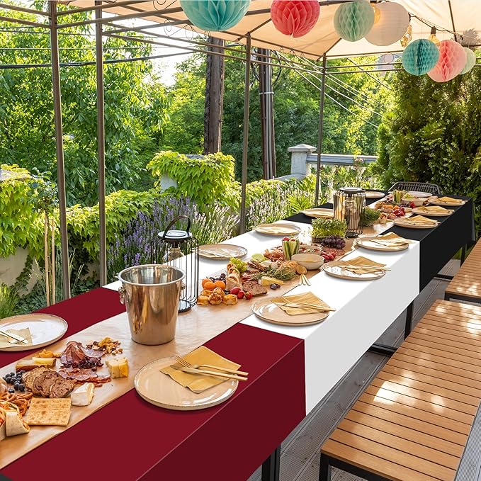 12 Pcs Maroon Black White Plastic Tablecloths Bulk,54 x 108 Inch Disposable Rectangle Party Table Cloth Waterproof Table Cover for Birthday Wedding Anniversary Graduation Party Decorations Supplies