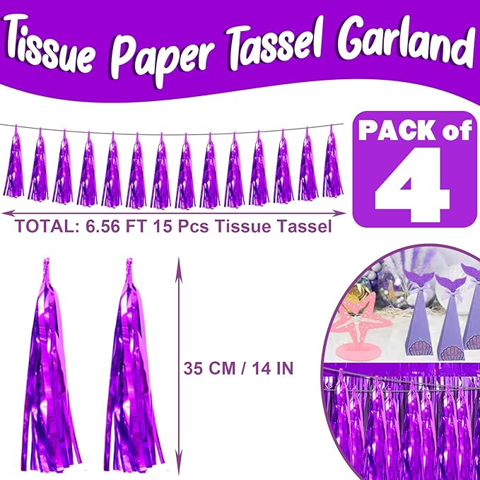 4P Purple Foil Fringe Metallic Streamers Banner Tassel Garland for Parade Floats, Bachelorette, Wedding, Birthday, Halloween, Christmas, Bridal/Baby Shower Party Decorations