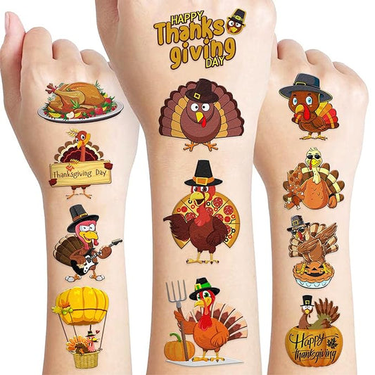 96 PCS Funny Happy Thanksgiving Food Pre-cut Temporary Tattoos Stickers Fall Autumn Birthday Party Decorations Supplies Favors Decor Cute Pumpkin Turkeys Dinner Tattoo Gifts Boys Girls Prizes Holiday
