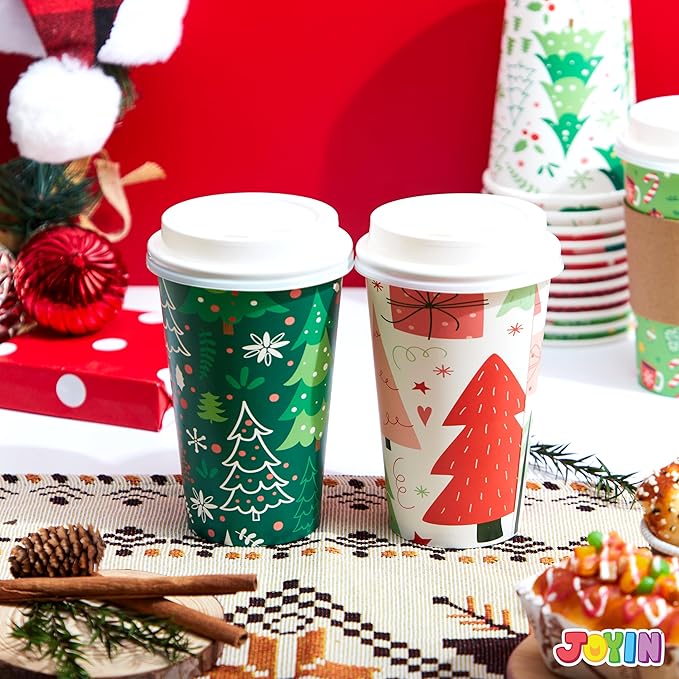 JOYIN 24 PCS Christmas Disposable Paper Cups, 16 oz Merry Christmas Party Cups With Sleeves and Lids, 8 Designs Xmas Coffee Drinkware, Beverages Tableware Holiday Supplies Favors