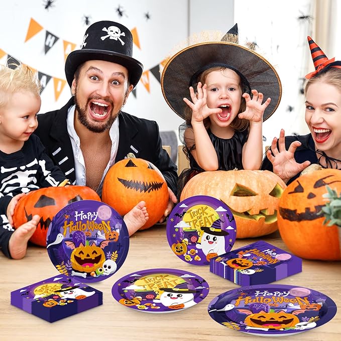 150 Pcs Halloween Plates and Napkins Sets - Cute Happy Halloween Party Supplies Tableware, Halloweens Disposable Paper Plates Napkins Set for Halloweens Birthday Party Decorations Favors, Serve 50