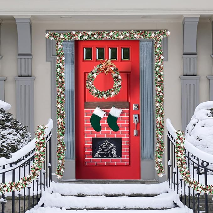 50FT Red Green White Christmas Tinsel Garland with Snowflake Ornaments Metallic Shiny Xmas Garland for Christmas Tree Decoration Holiday Hanging Garlands Indoor Outdoor Home Office Party Holiday Decor