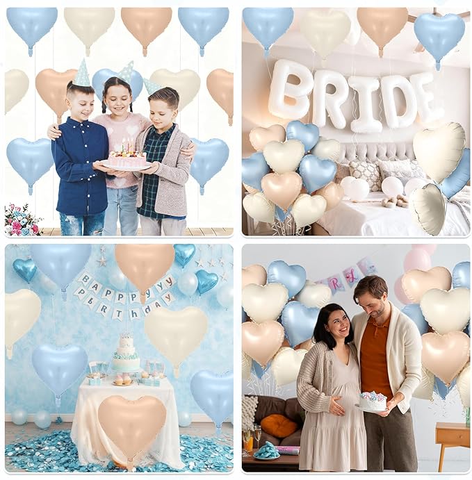 Baby Blue Heart Balloons, 10 Pcs Light Blue White Heart Shaped Balloon, 18 Inch Apricot Cream Sand White Nude Foil Balloons for Engagement Brithday Baby Shower Wedding Valentines Party Decoration