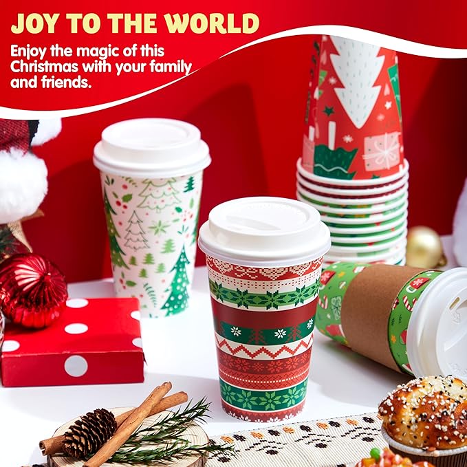 JOYIN 24 PCS Christmas Disposable Paper Cups, 16 oz Merry Christmas Party Cups With Sleeves and Lids, 8 Designs Xmas Coffee Drinkware, Beverages Tableware Holiday Supplies Favors