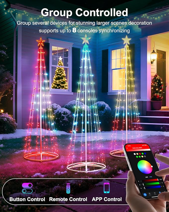 Brightown Smart Christmas Cone Tree LED Light, 8FT 191 LED Music Sync with Remote APP and Local Control, Pattern and Text Displayable, 16 Million Colors Light Show Tree for Indoor Outdoor Decorations