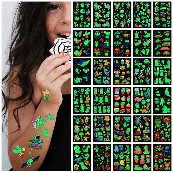 400Pcs Luminous Tattoos For Kids,Mixed Styles Temporary Tattoo Stickers,Glow In The Dark Tattoos for Boys and Girls,Mermaid Dinosaur Butterfly Fake Tattoo or more party makeup gifts 30 Sheets