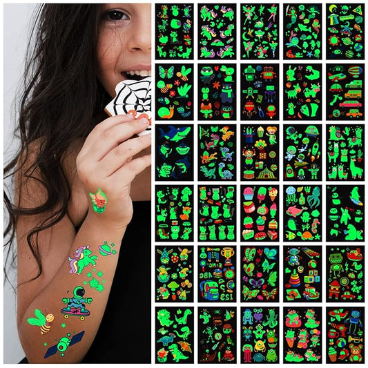 400Pcs Luminous Tattoos For Kids,Mixed Styles Temporary Tattoo Stickers,Glow In The Dark Tattoos for Boys and Girls,Mermaid Dinosaur Butterfly Fake Tattoo or more party makeup gifts 30 Sheets