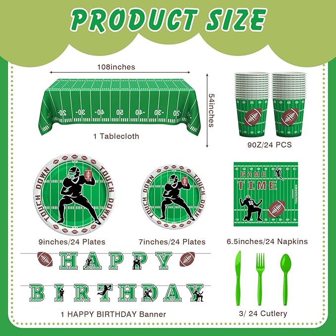 Football Birthday Decorations, 170 Pcs Football Party Decorations Including Banner, Plates, Cups, Napkins, Cutlery, Straws and Tablecloths, Serves 24