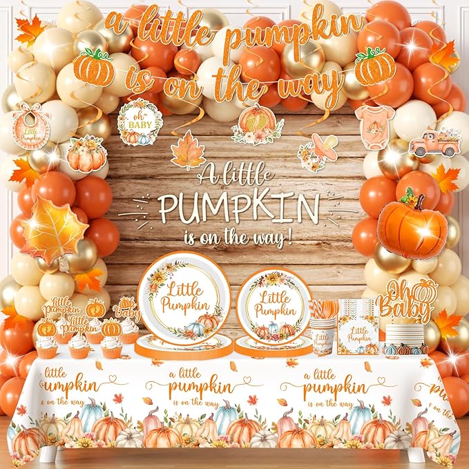 Fall Little Pumpkin Baby Shower Decorations,Fall Plates and Napkins Party Supplies with Pumpkin Plates,Napkins,Banner,Balloons,Cutlery,Yellow Tablecloth for 24 Guests Thanksgiving Festival