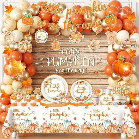 Fall Little Pumpkin Baby Shower Decorations,Fall Plates and Napkins Party Supplies with Pumpkin Plates,Napkins,Banner,Balloons,Cutlery,Yellow Tablecloth for 24 Guests Thanksgiving Festival