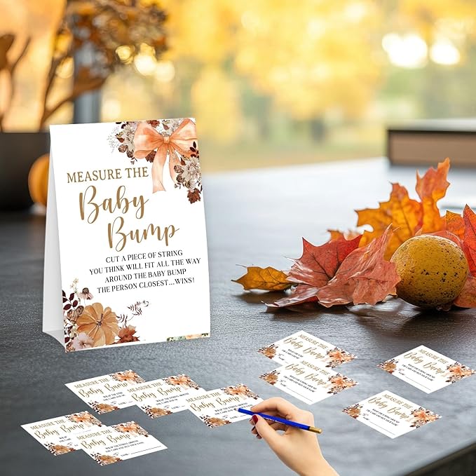 Bow Measure The Baby Bump - Thanksgiving Baby Shower Card Set (1 Sign With 50 Guess Cards), Fall Florals Gender Reveal Party Favor Supplies -A09