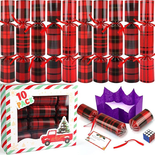 LEASEN 10 Pack Christmas No Snap Party Favor with Party Hat, Joke & Little Gift Inside for Kids and Adults, Xmas Gift, Christmas Seasonal Holiday Party Holiday Dinner Traditions Supplies