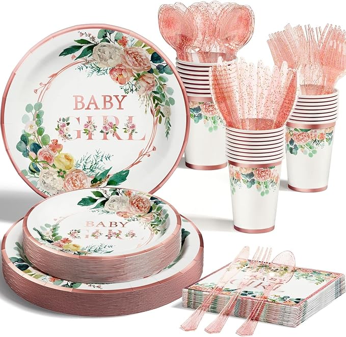 Ecomore Baby Shower Decorations for Girl - 175PCS Floral Party Supplies Disposable Dinnerware Set (25 Guest) With Rose Gold Paper Plates Cups Napkins Plastic Forks Knives Spoon for Baby Girl Birthday