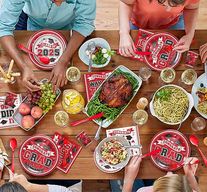 Graduation Decorations Class of 2025 - Red Graduation Party Supplies 2025 Include Plates, Cups, Napkins, Cutlery, 24 Guests