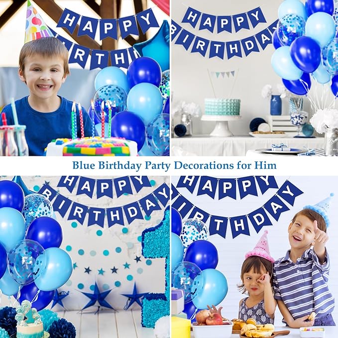 Birthday Decorations for Men Blue White Party Decor Supplies Boy Including Happy Birthday Banner Confetti Latex Balloon Foil Balloon and Ribbon (Blue)