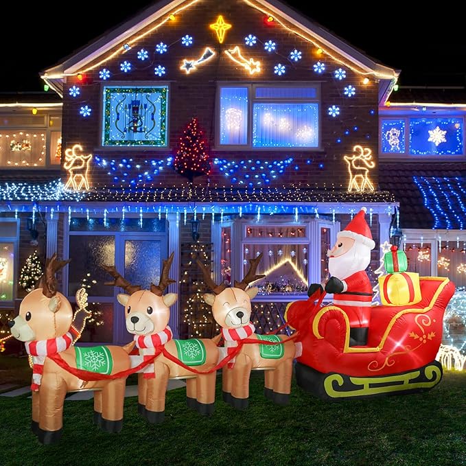 Taman 12 FT Christmas Inflatable Decorations, Santa Claus on Sleigh with Reindeer Propeller Built-in Bright LED Light Blow Up for Yard, Garden,Lawn Outdoor Holiday Yard Decorations