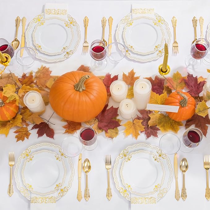 Ciaell 175 PCS White and Gold Plastic Plates - Fancy Gold Disposable Dinnerware Set with of 50 Plastic Plates, 25 Knives, 25 Forks, 25 Spoons, 25 Cups, 25 Napkins for Wedding, Party &Thanksgiving