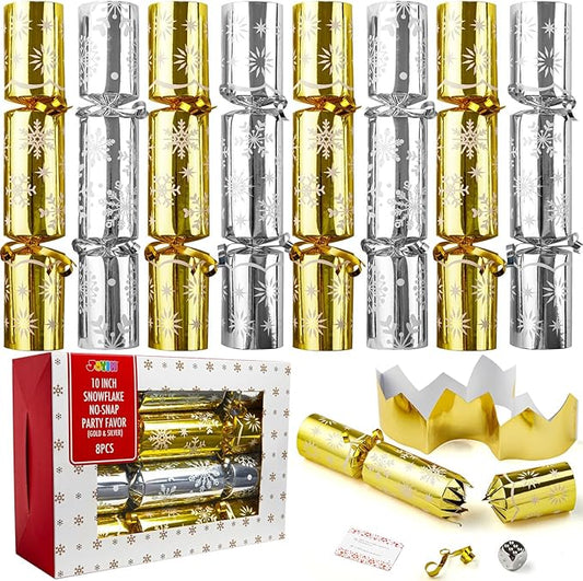 JOYIN 8 Pack Christmas No Snap Party Table Favor with Gold & Silver Snowflake Design, with Party Hat, Joke & Little Gift Inside, for Xmas Gift, Christmas Seasonal Holiday Dinner