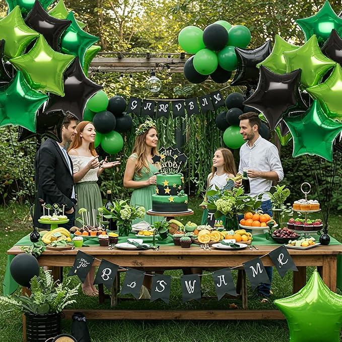 TONIFUL 15Pcs 18 Inch Large Green Black Star Shape Foil Balloons Big Stars Helium Mylar Ballons for Birthday Wedding Baby Shower Anniversary Engagement Party Decorations Supplies