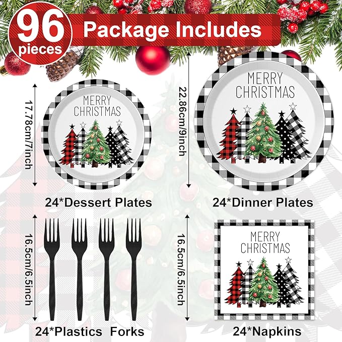 96 Pieces Buffalo Plaid Christmas Tree Tableware Set for Christmas Party Black and White Gingham Buffalo Plaid Decorations Disposable Dessert Paper Plates Napkins Forks for 24 Guests
