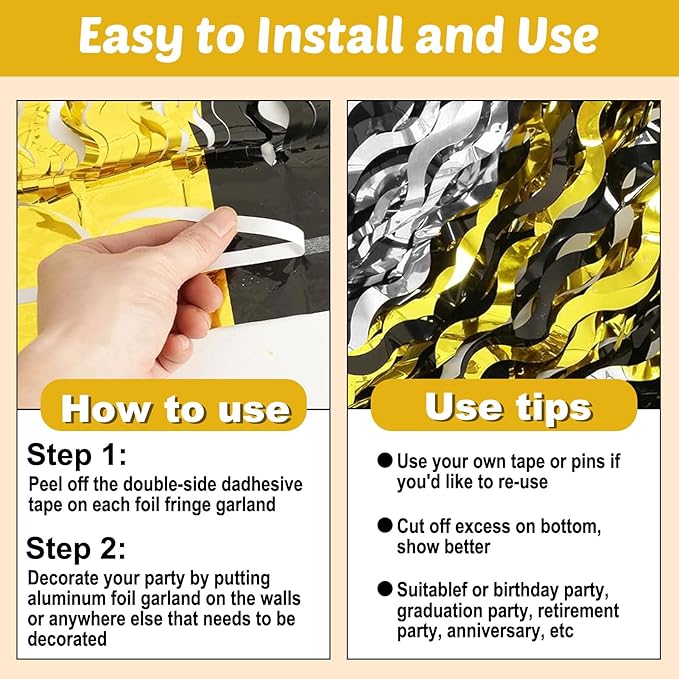 6 Pack 10 Feet Black Gold Silver Wave Foil Fringe Garland Metallic Tinsel Streamers Banner Wall Hanging Curtain Backdrop for Parade Floats, Mother's Day, Easter, Wedding, Birthday Party Decoration