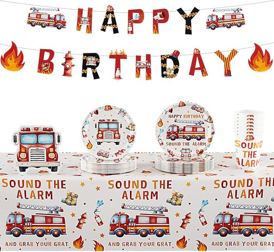 98PCS Fire Truck Birthday Decorations Set - Firefighter Party Supplies with Tablecloth, Banner, Napkins, P Cups for Firefighter Themed Birthday Party Decorations，Service For 24 Guests.
