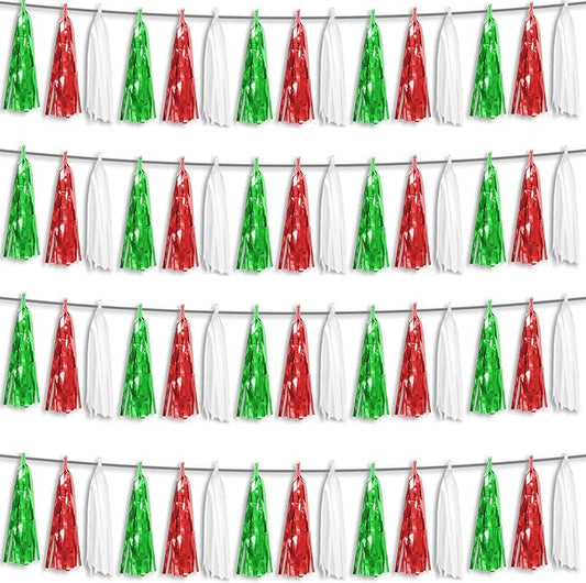 4P Red Green White Foil Fringe Metallic Tassel Streamers Banner Tassel Garland for Parade Floats, Graduation, Wedding, Birthday, Halloween, Christmas, Mexican Italian Birthday Party Decorations