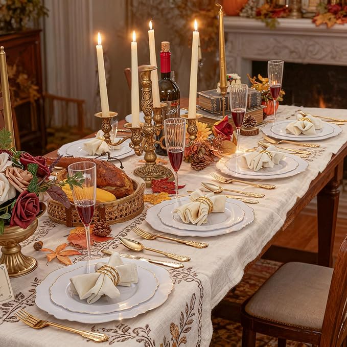 WDF 300 Pieces Gold Plastic Silverware Disposable - Heavy Duty Thanksgiving Plastic Cutlery - Gold Silverware Sets Includes 100 Forks, 100 Spoons, 100 Knives