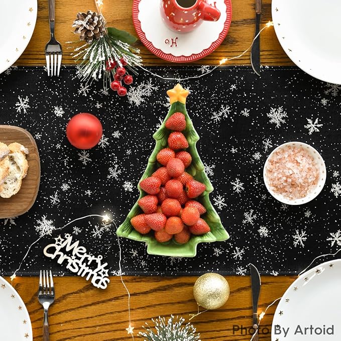 Artoid Mode Snowman Birds Trees Christmas Table Runner, Seasonal Black Winter Holiday Kitchen Dining Table Decoration for Home Party Decor 13 x 90 Inch