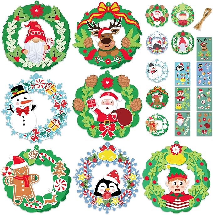 28 Pack Christmas Ornament Crafts for Kids Party Favors, Make Your Own Christmas Wreaths DIY Hanging Ornaments, Christmas Stickers for Crafts Kids Ornament Making Kit for Holiday Xmas Classroom