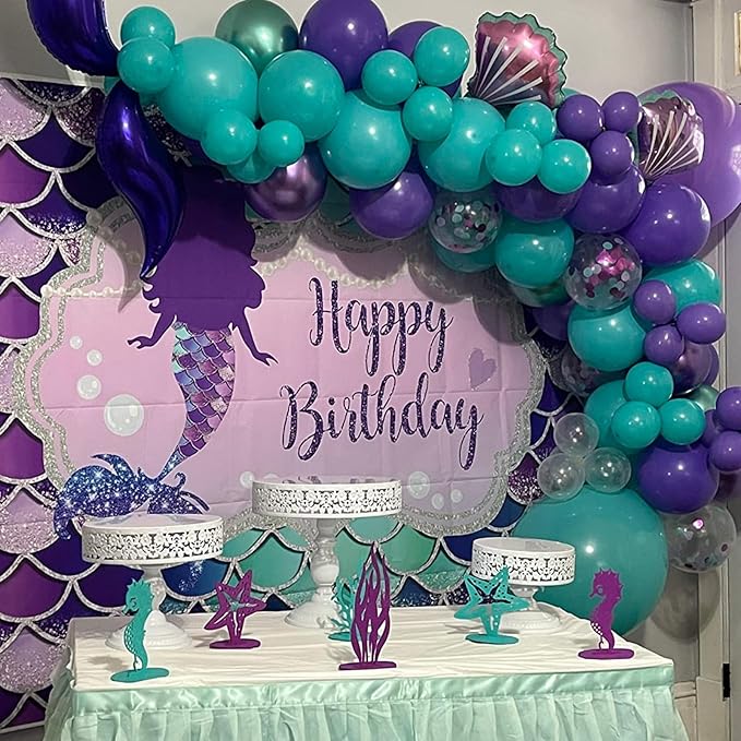 Mermaid Balloons, 60pcs 12 Inch Purple Teal and White Balloon Set with Metallic Purple Green Teal Purple Confetti Balloon, Pearl White Balloons for Birthday Wedding Mermaid Party