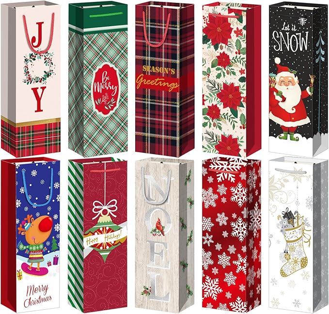 Xylitic 10Pack Christmas Wine Bags with Handles, 14” x 4.7” x 3.5” Christmas Wine Gift Bags for Xmas Holiday Winter and Drinkers Gift Party Favors Supplies.