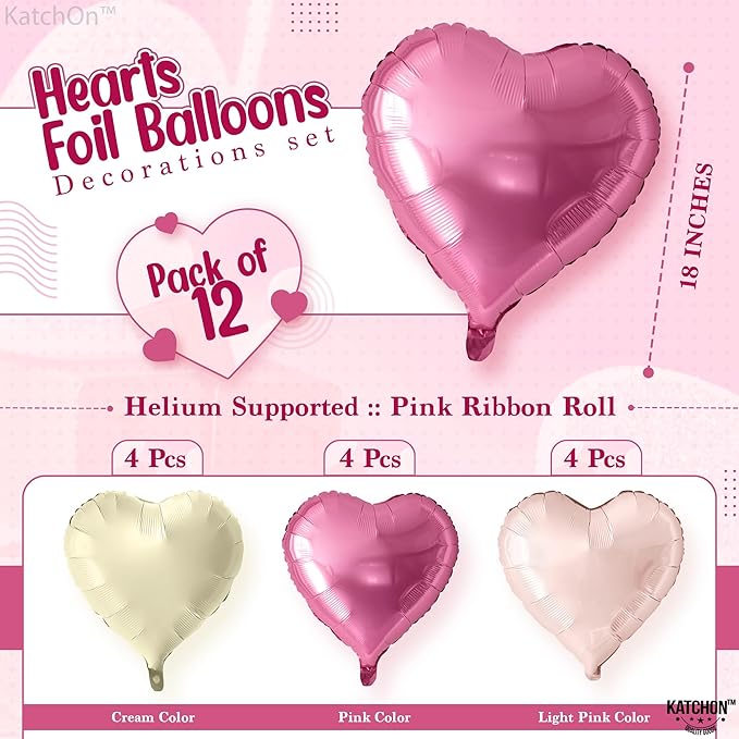KatchOn, Pastel Valentines Heart Balloons Foil - 18 Inch Pack of 12 | Heart Shaped Balloons for Valentines Day Decorations | Galentines Balloons, Galentines Day Decorations | Valentines Heart Balloons