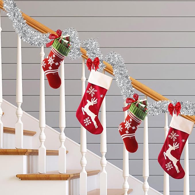 50 Feet Silver Christmas Tinsel Garland Metallic Twist Shiny Hanging Garland for Christmas Tree Decorations Xmas Holiday Decor for Home Indoor Outdoor Party Supplies (Silver)