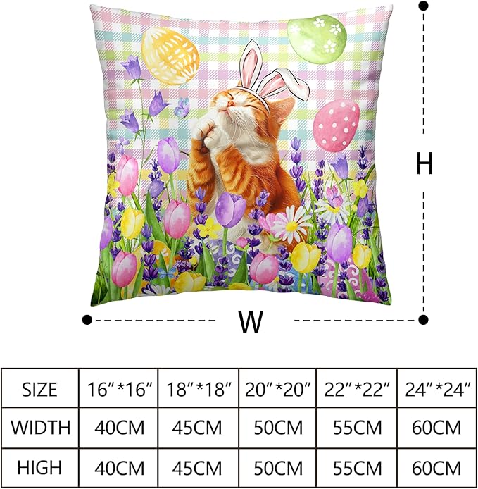 Spring Easter Pillow Covers 20x20 Set of 2 Lovely Cow Cat and Ginger Cat Wearing Bunny Ears Throw Pillow Covers Tulip Floral Pillow Case for Easter Decoration Sofa Patio Garden