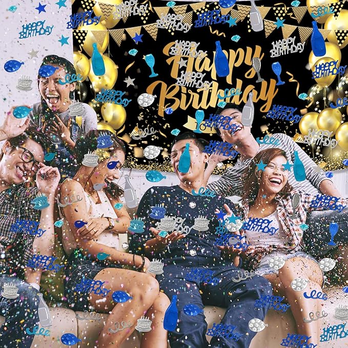 VHUWE Happy Birthday Confetti, 1.6 oz Dark Blue Light Blue Silver Cake Balloon Star Goblet Bottle Glitter Confetti for Boys Girls Kids Women Men Happy Birthday Party Table Decorations Supplies