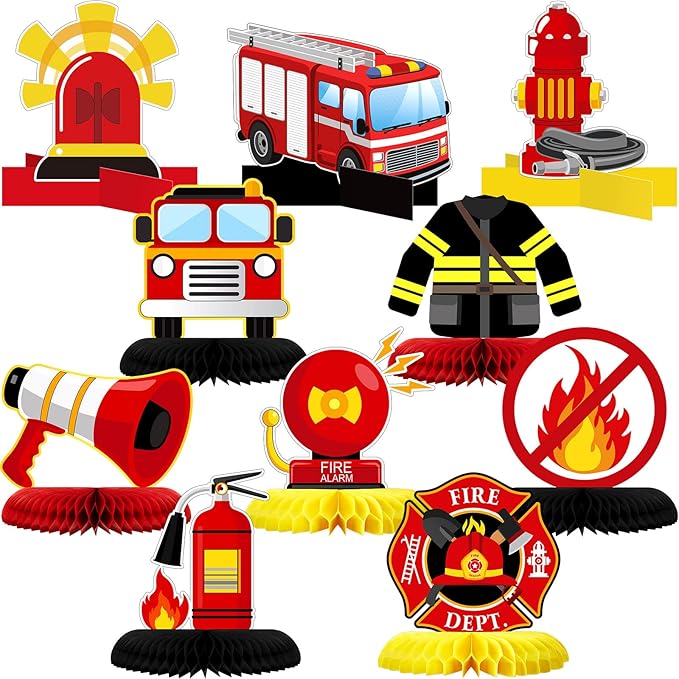 Epakh 10 Pcs Firetruck Birthday Party Decorations Fire Truck Themed Table Supplies Firetruck Honeycomb Centerpieces Fire Truck Plates Firefighter Hat Extinguisher Fireman Party Favor Supplies for Kids