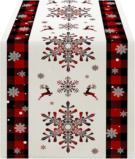 OYIMUA Buffalo Plaid Snowflakes Red Christmas Table Runner, Seasonal Winter Kitchen Dining Table Decoration for Home Party Xmas Decor 13x72 Inch