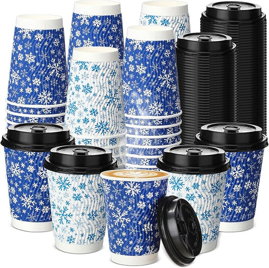 Pickmesh 100 Pcs Christmas Disposable Coffee Cups with Lids 12 oz Corrugated Paper Cups Blue and White Snowflake Drinkware for Xmas Winter Holiday Hot and Cold Beverages Home Party Supplies