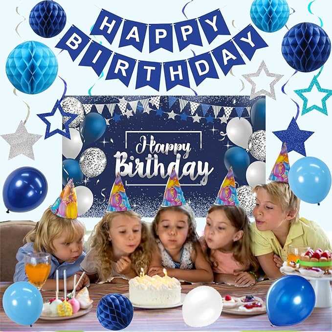 Blue Happy Birthday Decorations, 41 Pack Happy Birthday Banner, Balloons, Backdrop, Hanging Swirl, Honeycomb Ball and Circle Dot Garland Supplies for Birthday Party