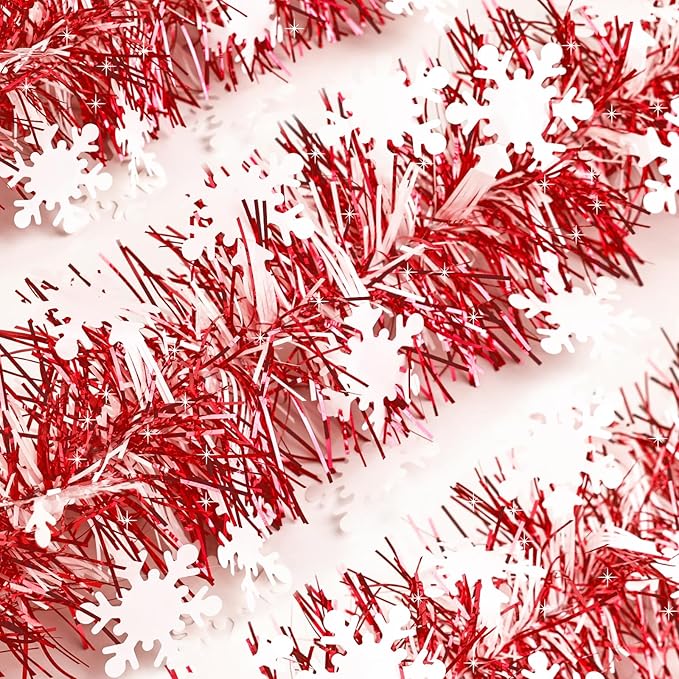 50Ft Christmas Tinsel Garland, Red and Snowflake Tinsel Garland Metallic Twist Shiny Garland for Xmas Tree Decorations, Tinsel for New Year Party Ceiling Hanging Decorations Indoor and Outdoor Decor