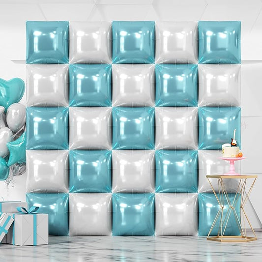 NISOCY 25PCS Pearl White and Light Blue Square Foil Balloons Wall Backdrop Double Sided Blue and White Balloons Arch Kit for Bridal Baby Shower Wedding Engagement Birthday Theme Party Decorations