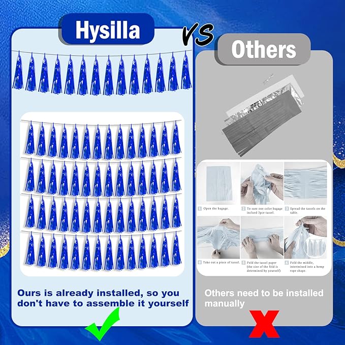 3P Blue Foil Fringe Metallic Tassel Streamers Banner Tassel Garland for Parade Floats, Bachelorette, Wedding, Birthday, Halloween, Christmas, Bridal/Baby Shower Party Decorations