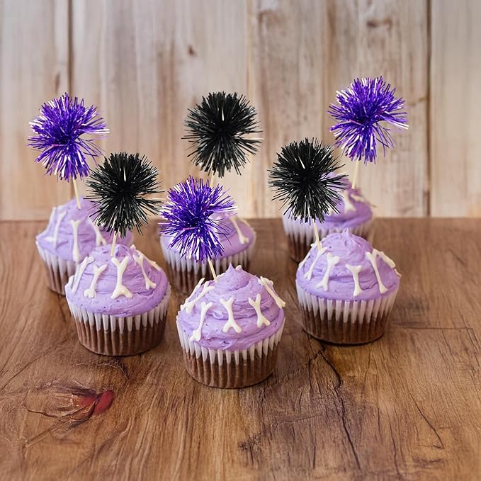 Ephlyn 30Pcs Foil Firework Cupcake Toppers Sparkle Tinsel Cupcake Picks Happy Birthday Cake Decorations Drink Stirrers Cocktail Food Toothpicks for Baby Shower Graduation Party Supplies Black Purple