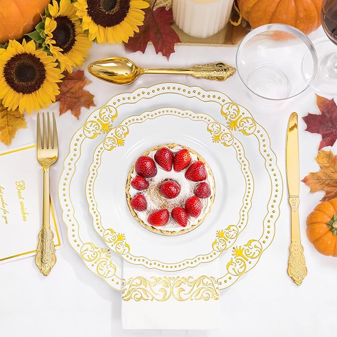 Ciaell 175 PCS White and Gold Plastic Plates - Fancy Gold Disposable Dinnerware Set with of 50 Plastic Plates, 25 Knives, 25 Forks, 25 Spoons, 25 Cups, 25 Napkins for Wedding, Party &Thanksgiving