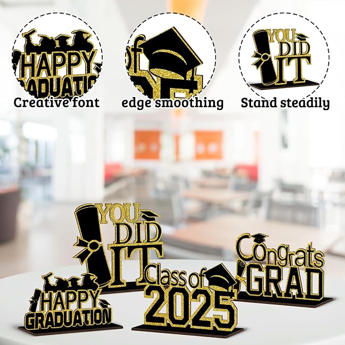 (4 Pcs) KSKSPE Graduation Decorations Party Supplies Table Centerpieces,Graduation Theme Design and Sturdy Wooden for Graduation Party Favors Decorations,Black