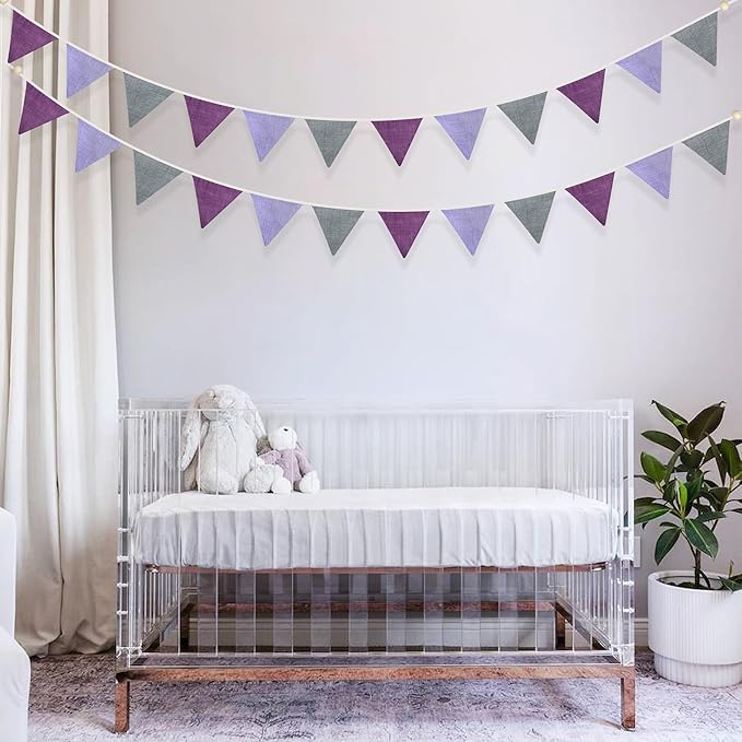 2 Sets of Purple Grey Nursery Garland 24Pcs Grey Purple Fabric Linen Pennant Banner Flags Triangle Streamers for Baby Playroom Decor Kids Girls Lavender Birthday Baby Shower Boho Party Decorations